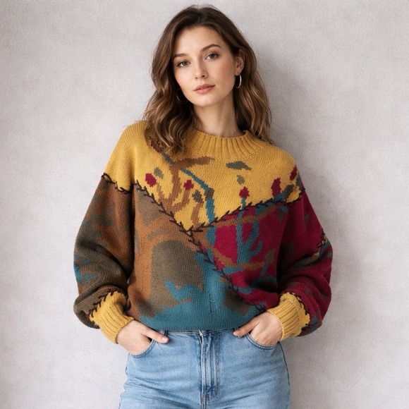 Cricket Lane Sweaters - Vintage Abstract Nature Sweater Colorblock Art Knit Made in Hong Kong Large